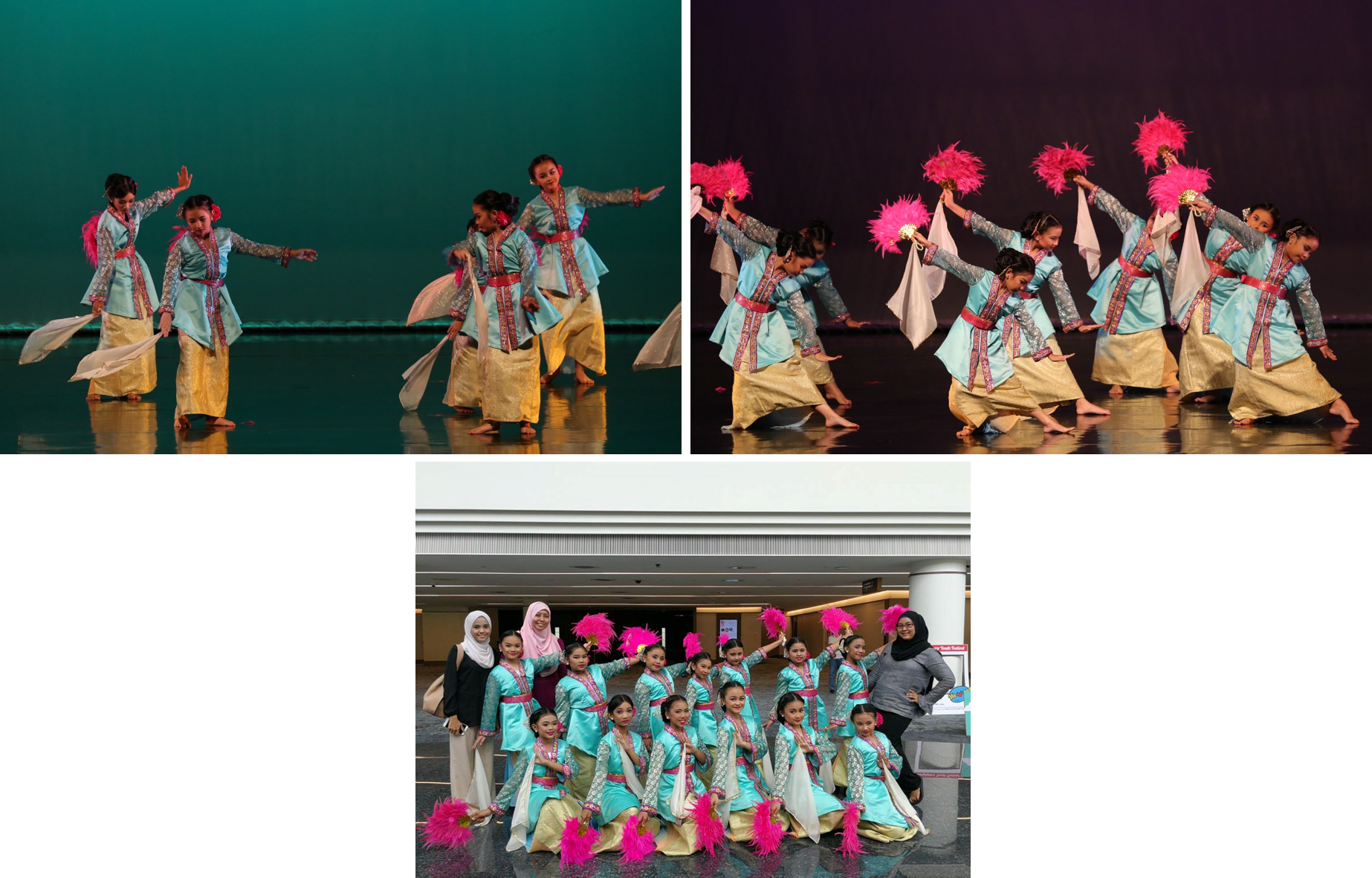 Girls in teal and gold traditional costumes with pink feather fans perform a cultural dance on stage and pose together.